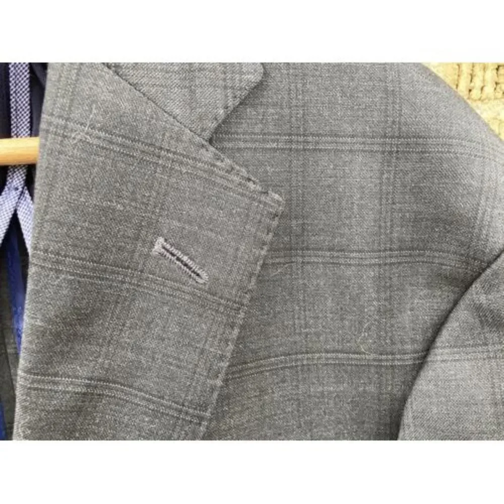 Mens Cole Haan 42L Blue/Gray Plaid Suit Jacket Wool Spandex Blazer 2 Button READ